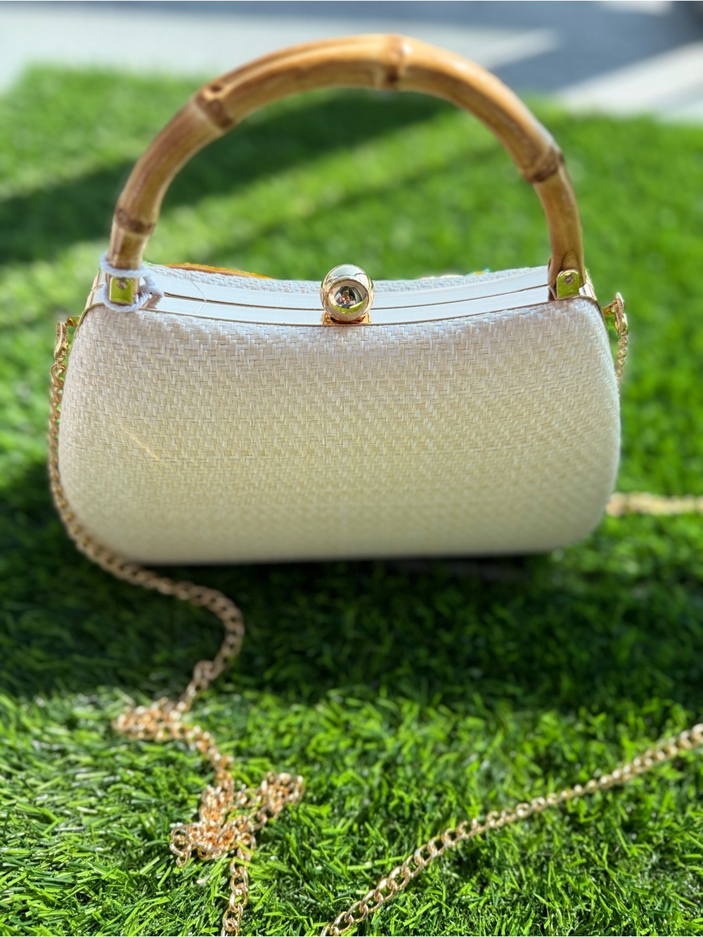 Yellow Fruit Appliqué Straw Handbag with Bamboo Handle - Picture 4 of 4